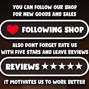 May include: A graphic with white text on a dark brown background. The text encourages viewers to follow the shop, rate with five stars, and leave reviews. A red heart icon is included.