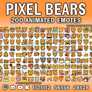 May include: An orange graphic with the text "PIXEL BEARS" and "200 ANIMATED EMOTES". Below are 200 pixelated bear emotes in various poses and expressions. The image also includes social media icons and dimensions: 112x112, 56x56, and 28x28.