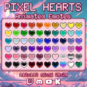 May include: A collection of animated pixel heart emotes in various colours, including red, blue, green, yellow, and purple. The emotes are arranged in a grid on a pink background. The text "PIXEL HEARTS Animated Emotes" is at the top of the image. The text "112x112 56x56 28x28" is at the bottom of the image.