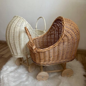 Natuurlijke rieten kinderwagen Witte rieten poppenwagen Natuurlijke rieten poppenwagen Poppenwagen Cadeau voor kinderen