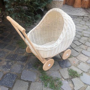 Handmade Wicker Doll Pram  Natural Toy Stroller for Girls  Wooden Wheels Baby Carriage  Montessori Pretend Play Gift