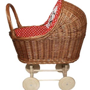 Rieten poppenwagen met rood beddengoed, speelgoedpoppenwagen, kinderwagen met poppenbeddengoed, poppenwagen, cadeau babymeisje, kinderwagen, rotan