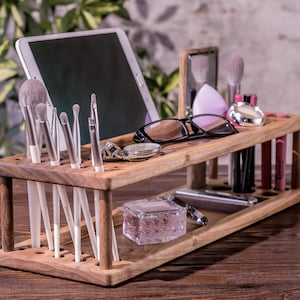 Wooden Make Up Organizer Set, Makeup brush holder, Stand for Skincare , Make Up Storage With Mirror, Valentine’s Day Gift, Birthday gift
