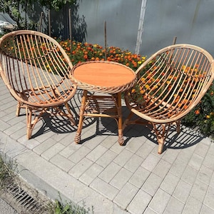 Wicker Chair and Table Set   Handmade Rattan Patio Furniture  Natural Boho Garden Lounge Set  Outdoor Balcony Bistro Seating
