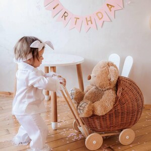 Handmade Wicker Doll Pram Natural Toy Stroller for Girls – Wooden Wheels Baby Carriage Montessori Pretend Play Gift