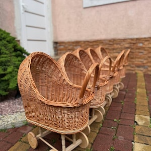 Wicker Doll Pram – Handmade Rattan Toy Stroller | Montessori Doll Buggy | Boho Nursery Decor | White or Natural Color