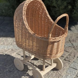 Rieten poppenwagen, speelgoedpoppenwagen, kinderwagen met poppenbeddengoed, poppenwagen, cadeau babymeisje, kinderwagen, rotan poppenwagen