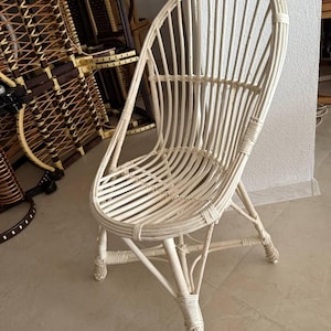 Handmade White Rattan Lounge Chair  Boho Coastal Indoor Outdoor Seating, Vintage Wicker Patio Chair, Farmhouse Decor Furniture Patio Chairs