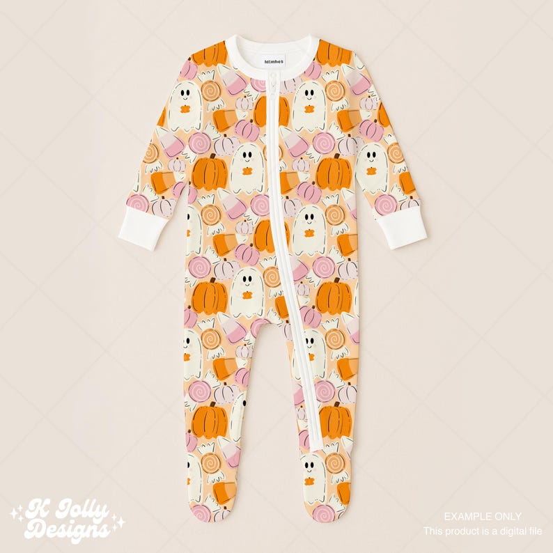 May include: A baby's footed pajama with a Halloween-themed pattern. The cream-colored onesie features a repeating design of orange pumpkins, white ghosts, and pink and orange candies. It has a white zipper and cuffs.