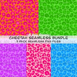 Könnte beinhalten: Ein digitales Kunstpaket mit fünf nahtlosen Gepardenmuster in leuchtenden Farben: Orange mit rosa Flecken, Grün, Lila, Rosa und Blau. Der Text "CHEETAH SEAMLESS BUNDLE" und "5 PACK SEAMLESS PNG FILES" wird angezeigt.