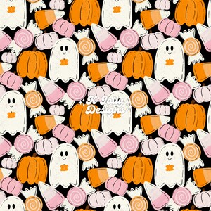 Pu&ograve; includere: Motivo ripetuto a tema Halloween. Il design presenta zucche arancioni, fantasmi bianchi con dettagli di zucca, caramelle a forma di mais, caramelle rosa e bianche avvolte, il tutto su sfondo nero. Il motivo si ripete.