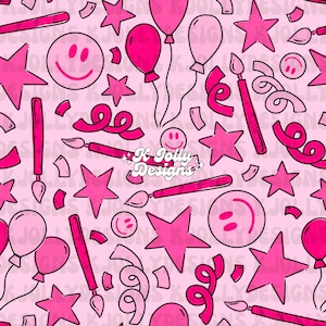 Pode incluir: Um padrão rosa sem costura com elementos festivos. O design inclui estrelas rosa choque, balões, rostos sorridentes, pincéis e confetes sobre um fundo rosa claro. O texto "K Jolly Designs" também está presente.
