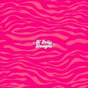 May include: A vibrant, hot pink and light pink zebra stripe pattern. The design features wavy, organic lines in two shades of pink. The text "K Jolly Designs" is in white script with star accents.