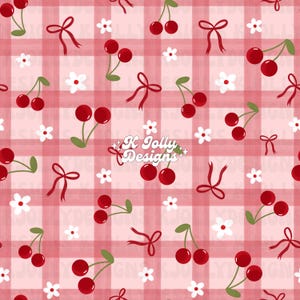 May include: A repeating pattern of red cherries, white flowers, and red bows set against a pink and red gingham backdrop. The design includes the text "K Jolly Designs" in a decorative font.