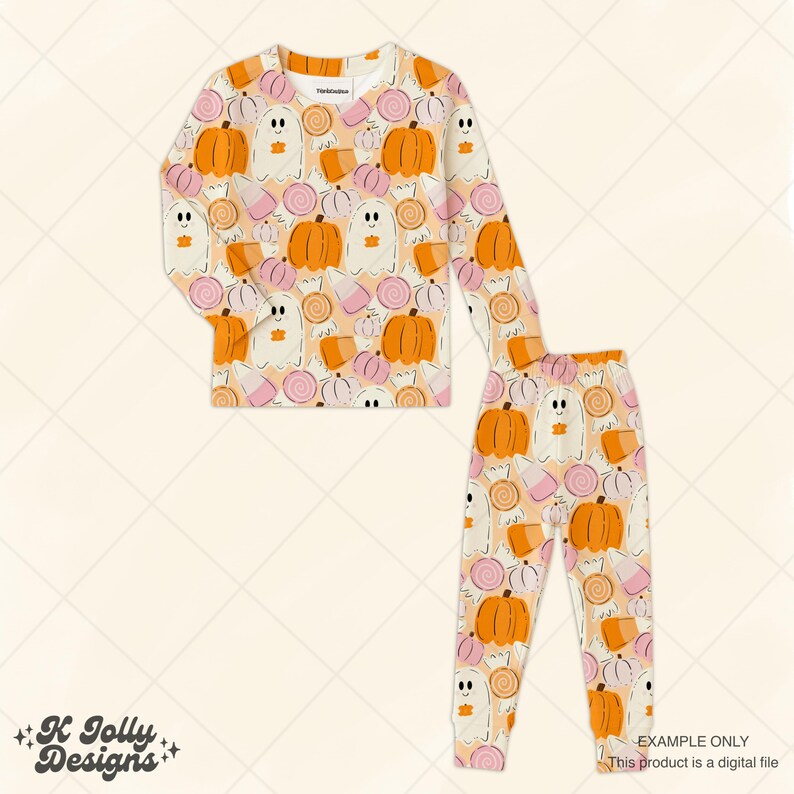 May include: A two-piece pajama set featuring a repeating pattern of orange pumpkins, white ghosts, and pink candies on a cream background. The long-sleeved top and pants are made of a soft material. The text "EXAMPLE ONLY This product is a digital file" is visible.