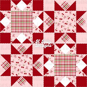 Pode incluir: Um padrão de colcha com um design de estrela repetitivo em vermelho escuro, rosa claro e branco. Os blocos de tecido alternam entre um xadrez vermelho e verde, uma estampa de cerejas e laços em fundo rosa claro e quadrados lisos.