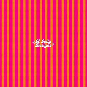 May include: A vibrant digital design featuring vertical stripes in alternating shades of hot pink and orange. The text "K Jolly Designs" is displayed in white script with star accents.