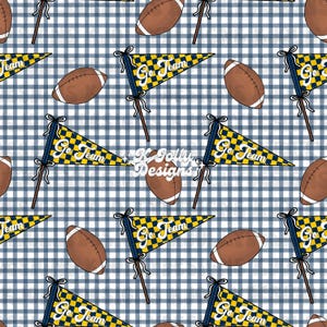 May include: A repeating pattern featuring brown footballs and pennant flags with the text "Go Team" on a blue and white checkered background. The flags are yellow and navy blue.