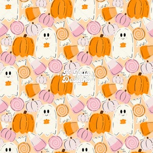 May include: A repeating pattern featuring orange pumpkins, white ghosts, pink pumpkins, candy corn, and wrapped candies on a light orange background. The design has a playful, cartoonish style, perfect for Halloween-themed products.