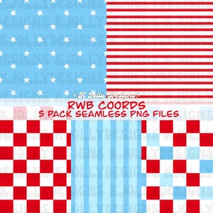以下が含まれることがあります： 赤、白、青の5つのシームレスパターンを特徴とするデジタルグラフィック。デザインには、白い星が付いた青い背景、赤と白のストライプ、赤と白の市松模様の正方形、青の縦縞が含まれます。「RWB COORDS 5 PACK SEAMLESS PNG FILES」と書かれています。