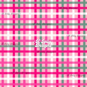Könnte beinhalten: Ein sich wiederholendes Muster mit einem Gitter aus sich kreuzenden Linien in Rosa, Weiß und Grün. Das Design enthält den Text "K Jolly Designs" in einer stilisierten Schriftart, der sich über das Bild wiederholt. Dieses Muster eignet sich für verschiedene Bastelprojekte.