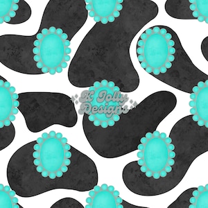 Turquoise Jewelry Cow Print Seamless File, Girly Western Pattern, Punchy Cowgirl Pattern, Cowhide Print Seamless Pattern, Cowgirl Seamless