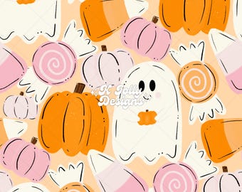 Motivo senza cuciture di Halloween, motivo senza cuciture "dolcetto o scherzetto", motivo con fantasmi carini, Halloween da ragazza, motivo senza cuciture di ottobre, motivo senza cuciture di zucca