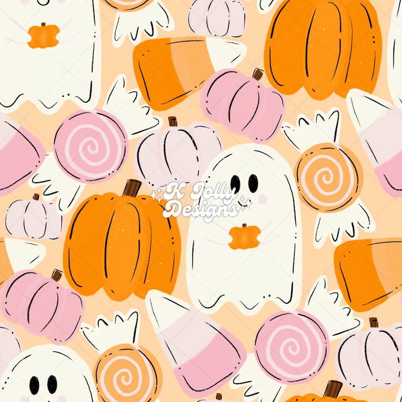 May include: A repeating pattern featuring Halloween-themed illustrations. The design includes orange pumpkins, pink pumpkins, candy corn, swirl lollipops, and friendly white ghosts holding small pumpkins. The background is a light orange color.