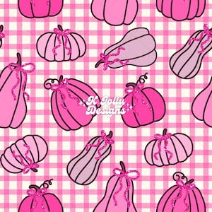 Pumpkin Seamless Pattern, Girly Fall Halloween Seamless, Pink Halloween Seamless, Coquette Bow Pumpkin Seamless Pattern, Gingham Fall