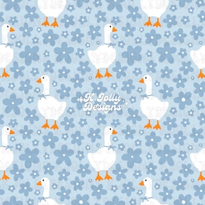 May include: A repeating pattern featuring white geese with orange beaks and feet, each wearing a blue bow. The geese are set against a light blue background with blue flower shapes. The text "K Jolly Designs" is also present.