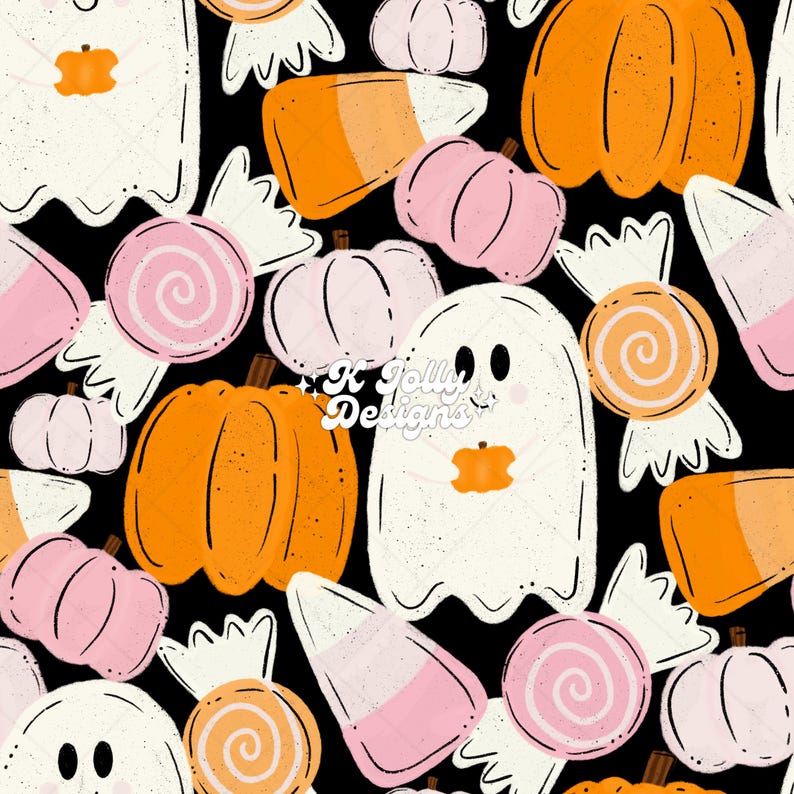 Pu&ograve; includere: Motivo ripetuto su sfondo nero con illustrazioni a tema Halloween. Il design include zucche arancioni, zucche rosa, caramelle di mais, fantasmi bianchi e caramelle a spirale rosa e arancioni. &Egrave; presente anche il testo "K Jolly Designs".
