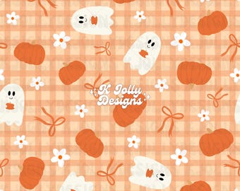 File senza cuciture Coquette autunnale, motivo zucca fantasma senza cuciture, motivo fantasma femminile, motivo zucca a quadretti autunnale, motivo senza cuciture Coquette di Halloween