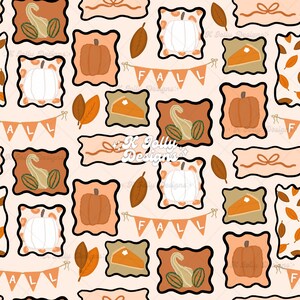 May include: A repeating pattern featuring fall-themed illustrations. The design includes pumpkins, gourds, pie slices, and leaves, framed in decorative borders. The word "FALL" is displayed on small banners. The color palette is warm, with shades of orange, brown, and cream.