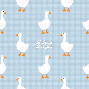 May include: A repeating pattern of white geese with orange beaks and feet on a light blue plaid background. The text "K Jolly Designs" is in the center of the image. The geese are evenly spaced across the image.