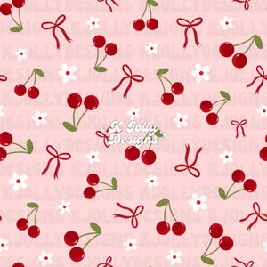 May include: A repeating pattern of cherries, bows, and small white flowers on a light pink background. The cherries are red with green stems and leaves. The bows are a deep red. The text "K Jolly Designs" is in the center.