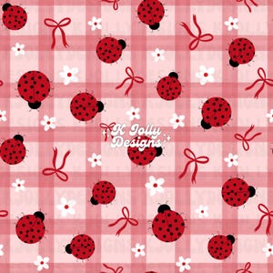 May include: A repeating pattern of red ladybugs with black spots, white flowers, and red ribbons on a pink and red plaid background. The design includes the text "K Jolly Designs".