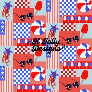 May include: A seamless pattern featuring red, white, and blue stars, stripes, checkered patterns, sunglasses, ice pops, and beach balls. The text "K Jolly Designs" is in the center of the pattern.