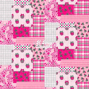 May include: A patchwork design featuring squares with various patterns in shades of pink, white, and green. The patterns include stripes, plaid, floral, and Christmas ornaments. The text "K Jolly Designs" is visible in the center.