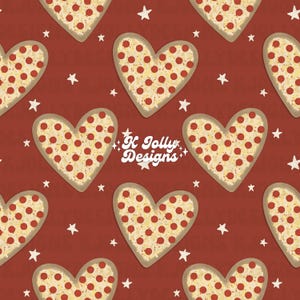 May include: A repeating pattern of heart-shaped pizzas with pepperoni and cheese on a red background. White star shapes are scattered throughout the design. The text "K Jolly Designs" is in the lower right corner.