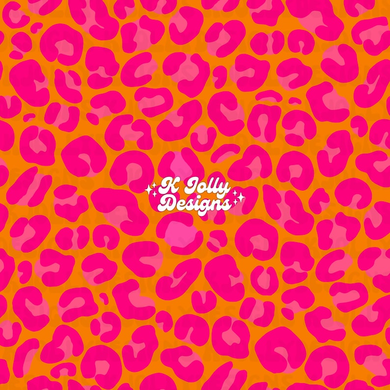 May include: A vibrant pattern featuring hot pink leopard spots on a bright orange background. The design includes the text "K Jolly Designs" in a white, stylized font, adding a touch of branding to the bold, eye-catching print.