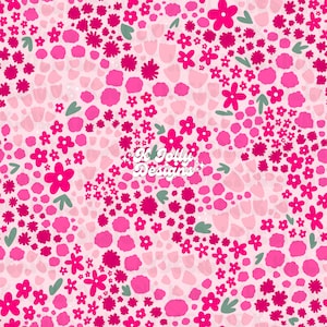 May include: A seamless pattern featuring a floral design in shades of pink and fuchsia. The pattern includes various sizes of flowers, dots, and leaf shapes on a light pink background. The text "K Jolly Designs" is visible.