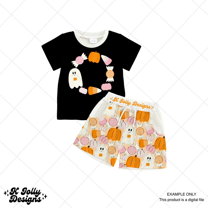 May include: Black short-sleeved shirt with a white collar and a Halloween-themed design featuring a ghost, pumpkins, and candy. Matching shorts with a similar pattern are also included. The text "K Jolly Designs" is visible.