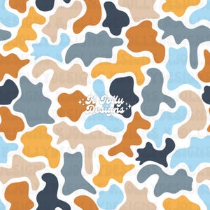 May include: A seamless pattern featuring irregular, amoeba-like shapes in shades of mustard yellow, light blue, dark navy, and beige against a white background. The text K Jolly Designs is centered in white with small star accents.