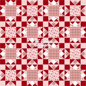 May include: A patchwork quilt design with a repeating pattern of red, white, and pink squares. The squares are decorated with cherry and plaid patterns. The text "K Jolly Designs" is visible in the centre.