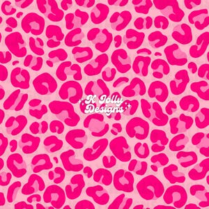 May include: A seamless pattern featuring a pink leopard print design. The pattern consists of bright pink spots on a lighter pink background. The text "K Jolly Designs" is in the lower right corner.