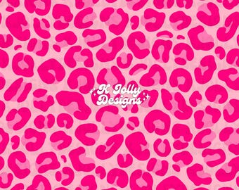 Può includere: Motivo senza cuciture con un design a stampa leopardata rosa. Il motivo è composto da macchie rosa brillante su uno sfondo rosa più chiaro. Il testo "K Jolly Designs" si trova nell'angolo in basso a destra.