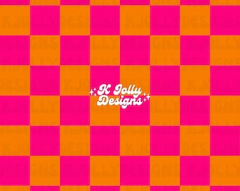 Swim Safe Summer Seamless Pattern, Orange and Pink Checkered Coordinating Seamless File, Bright Girly Seamless Pattern for commercial use