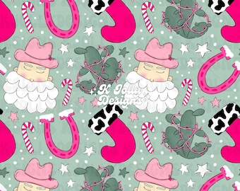 Pink Western Santa Christmas Seamless Pattern, Cowgirl Christmas Seamless Pattern, Girly Western Christmas Seamless File, Pink Christmas