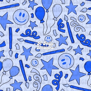 Puede incluir: Un patrón sin costuras con ilustraciones azules de estrellas, globos, pinceles, confeti y caras sonrientes sobre un fondo azul claro. También está presente el texto "K Jolly Designs".