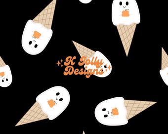 Patrón sin costuras de helado fantasma de Summerween, Patrón de Halloween, Patrón sin costuras de fantasma, Comida kawaii de Halloween, Patrón sin costuras lindo y espeluznante